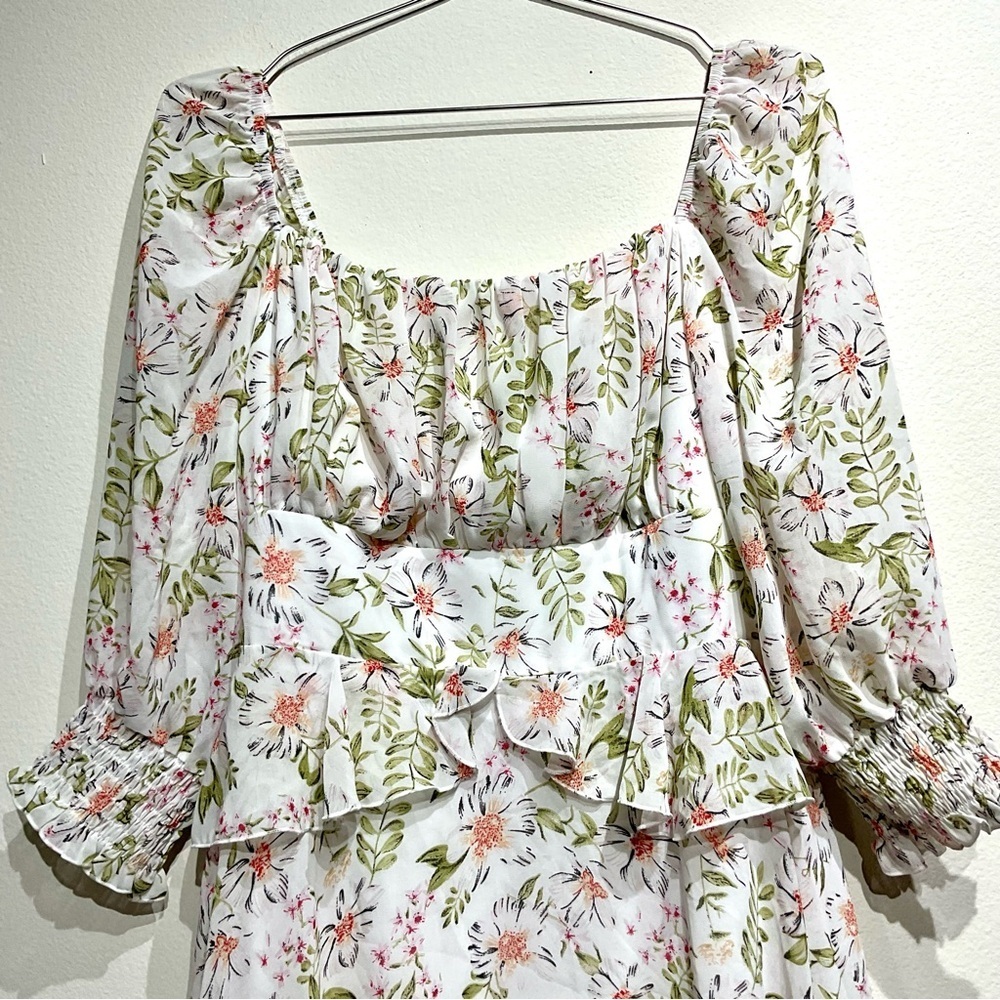 EXLURA Womens Floral Ruffle Sun Dress Sundress Tiered Square Neck Long Sleeve M. - Picture 4 of 10